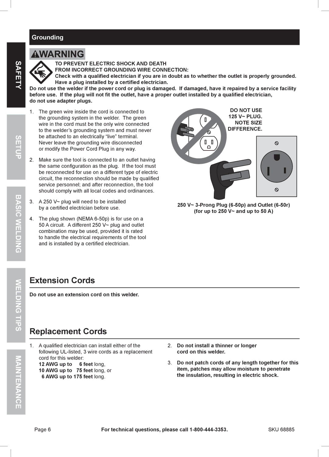 Chicago Electric MIG 170 Extension Cords, Replacement Cords, Setup Basic Welding, Grounding, Do not USE 125 V~ Plug 