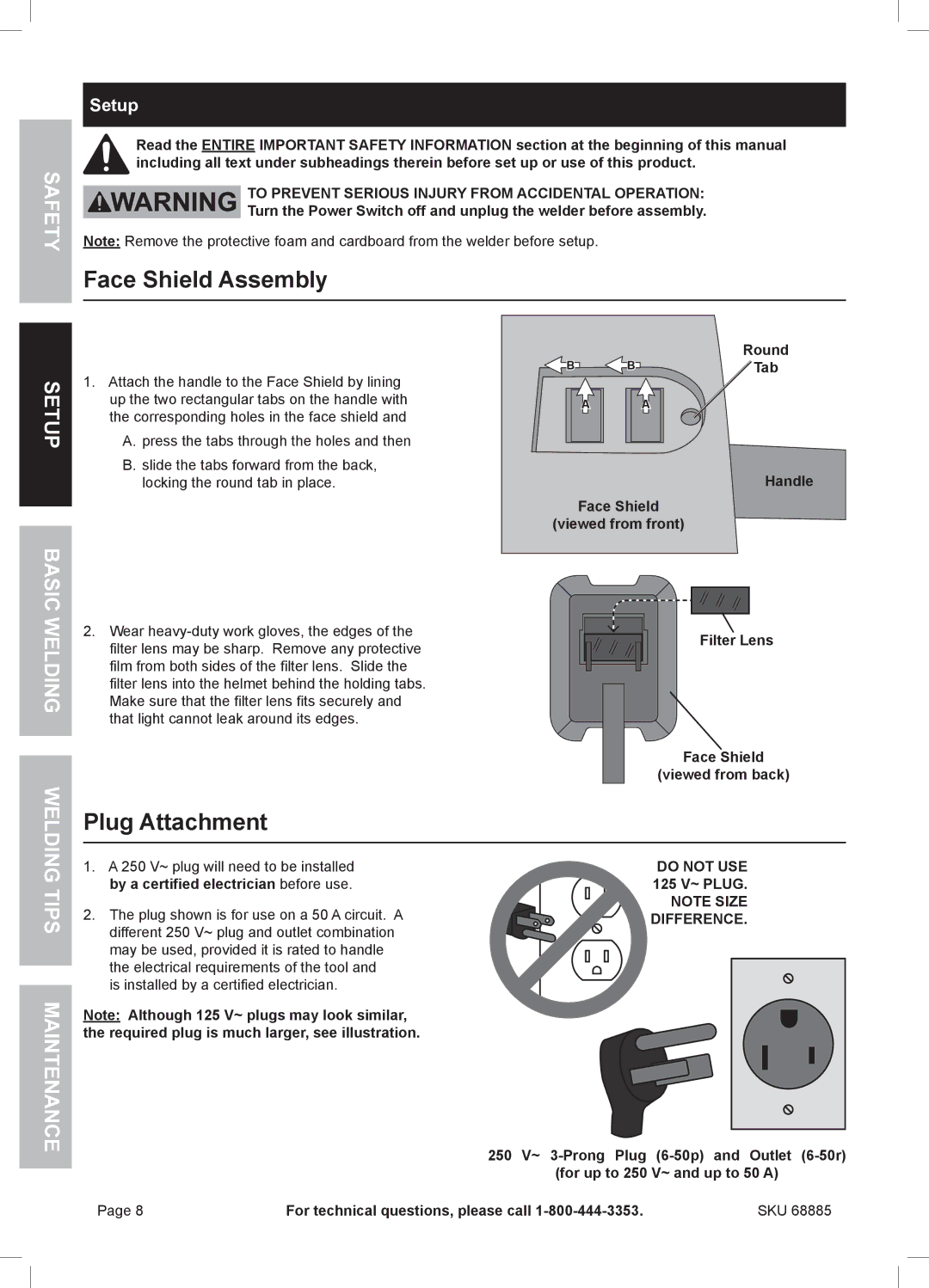 Chicago Electric MIG 170 owner manual Face Shield Assembly, Plug Attachment, Tips Maintenance, Setup 