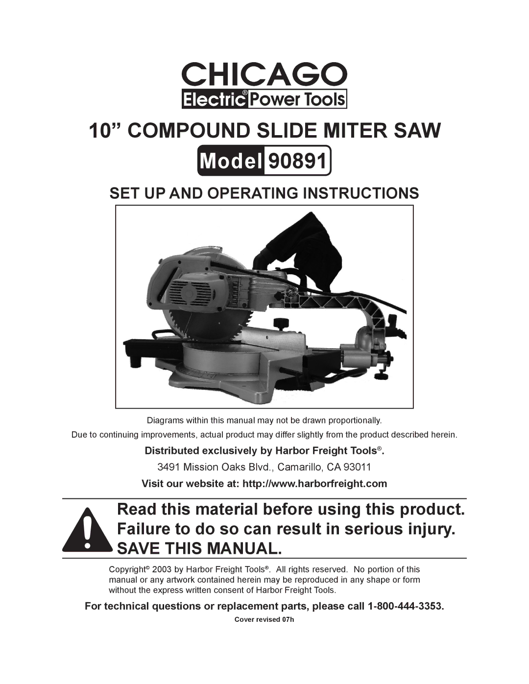 Chicago Electric Model 90891 operating instructions Distributed exclusively by Harbor Freight Tools 