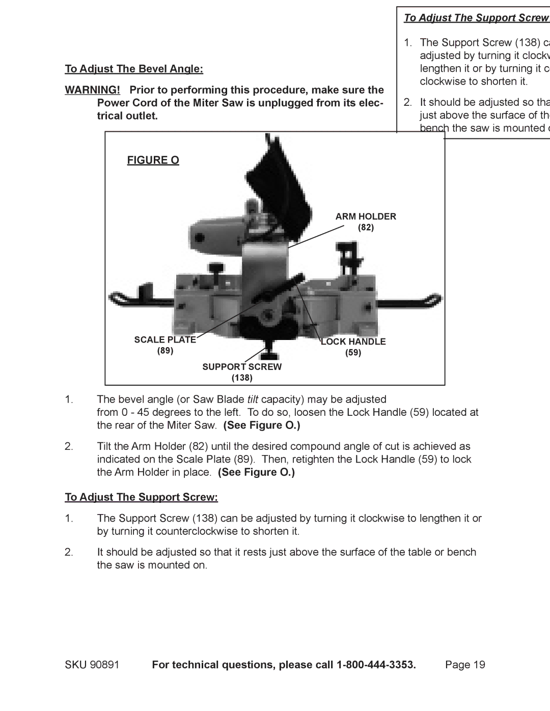 Chicago Electric Model 90891 To Adjust The Bevel Angle, Power Cord of the Miter Saw is unplugged from its elec 