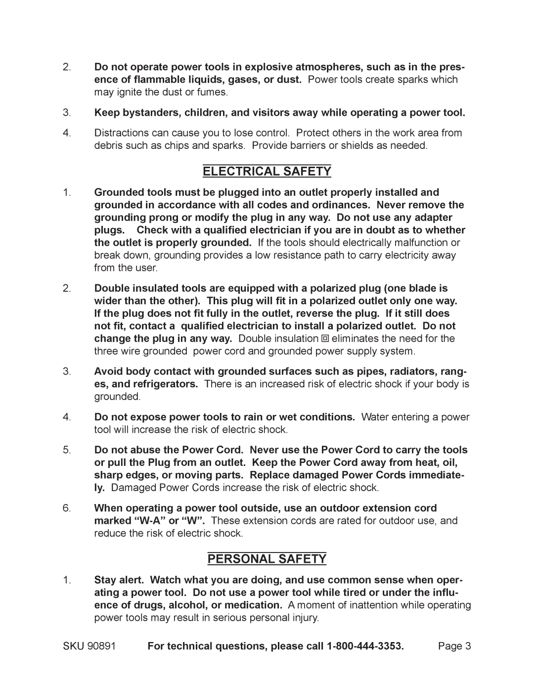 Chicago Electric Model 90891 operating instructions Electrical Safety, Personal Safety 