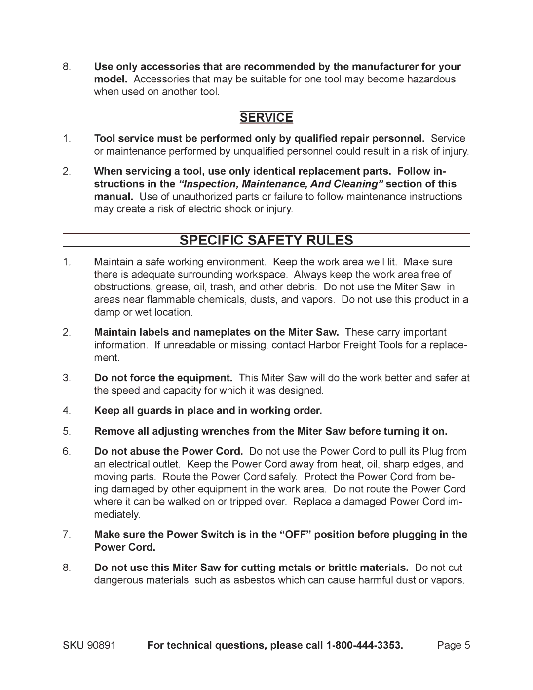 Chicago Electric Model 90891 operating instructions Specific Safety Rules, Service 