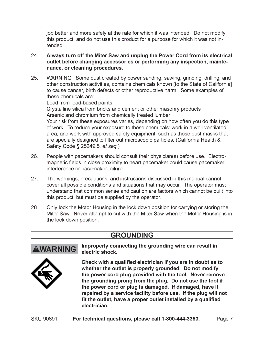 Chicago Electric Model 90891 operating instructions Improperly connecting the grounding wire can result, Electric shock 