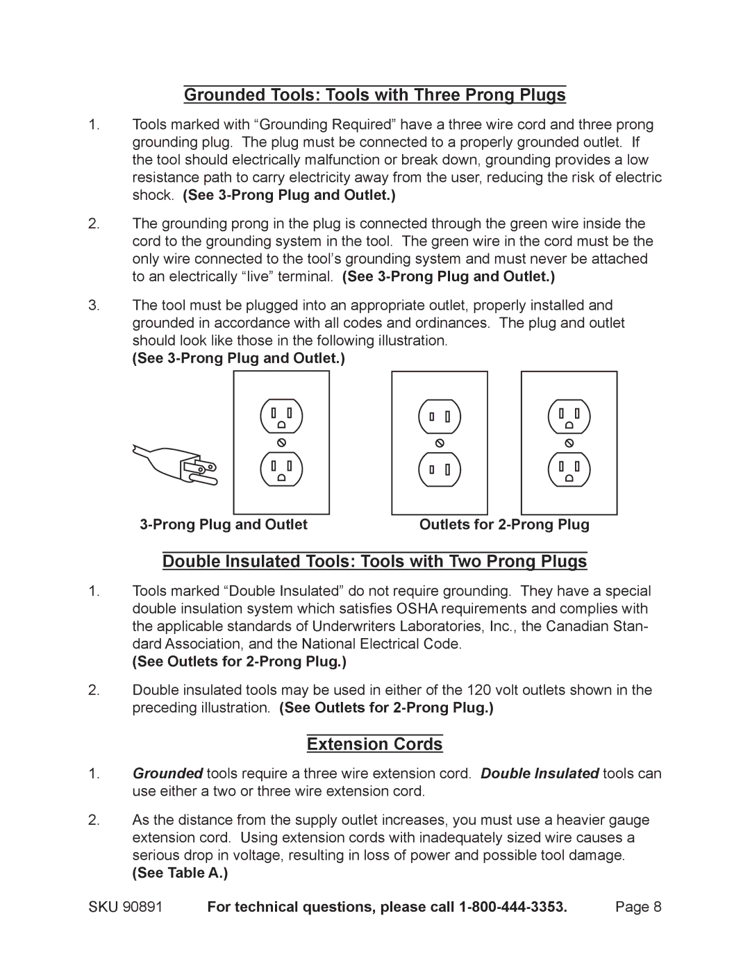 Chicago Electric Model 90891 See 3-Prong Plug and Outlet Outlets for 2-Prong Plug, See Outlets for 2-Prong Plug 