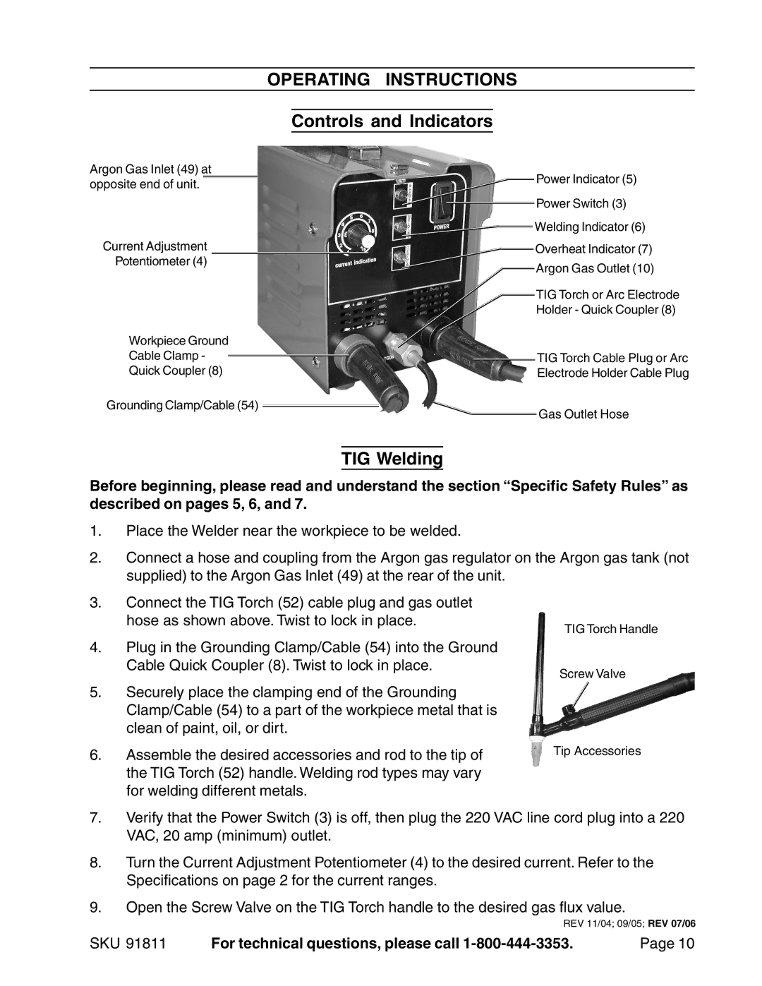 Chicago Electric Model 91811 operating instructions Operating Instructions, Controls and Indicators, TIG Welding 