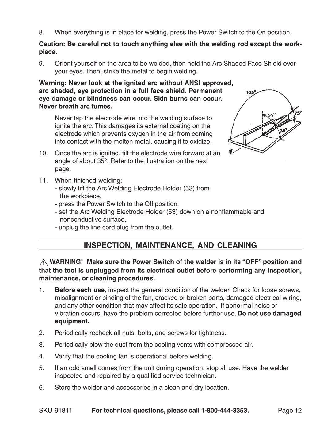 Chicago Electric Model 91811 operating instructions INSPECTION, MAINTENANCE, and Cleaning 