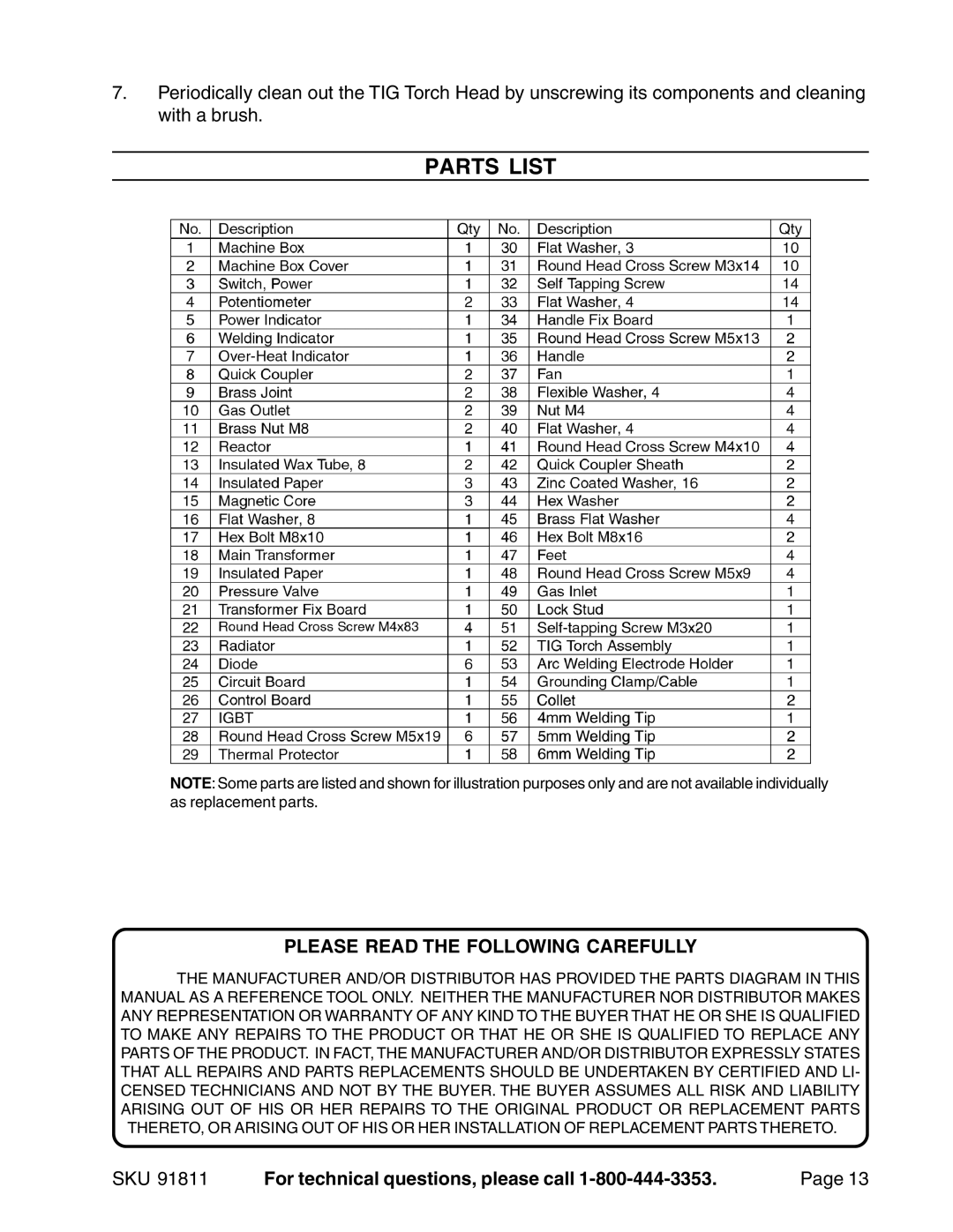 Chicago Electric Model 91811 operating instructions Parts List, Please Read the Following Carefully 