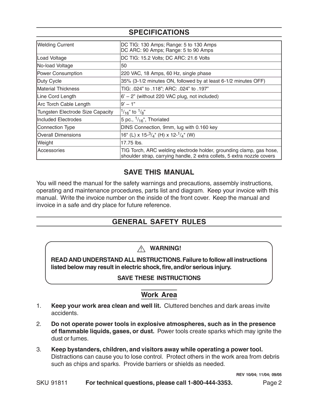 Chicago Electric Model 91811 operating instructions Specifications, Save this Manual, General Safety Rules, Work Area 