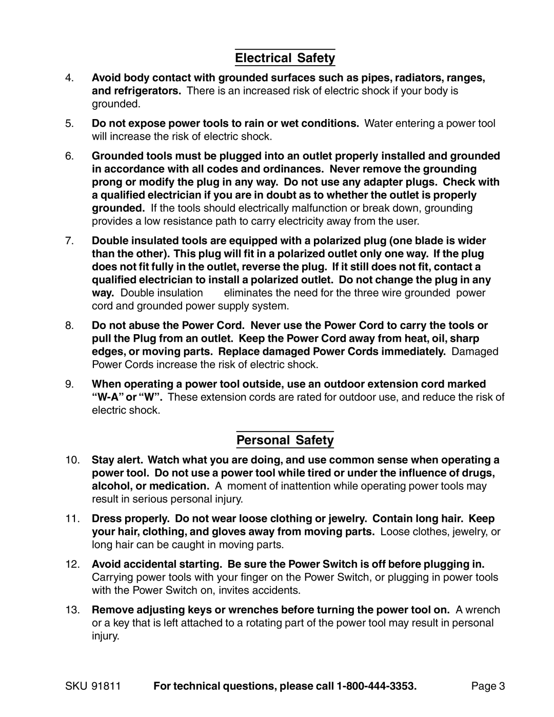 Chicago Electric Model 91811 operating instructions Electrical Safety, Personal Safety 