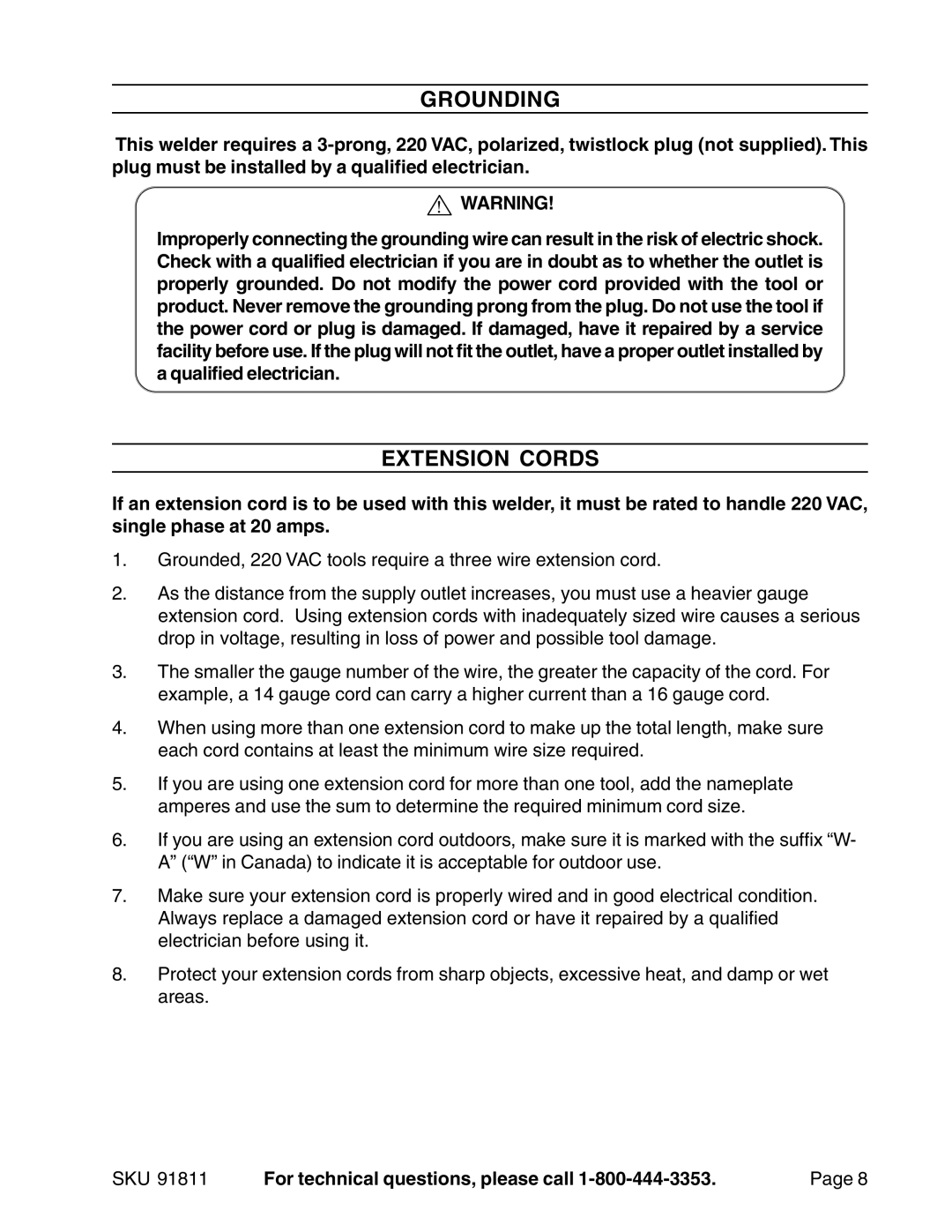 Chicago Electric Model 91811 operating instructions Grounding, Extension Cords 