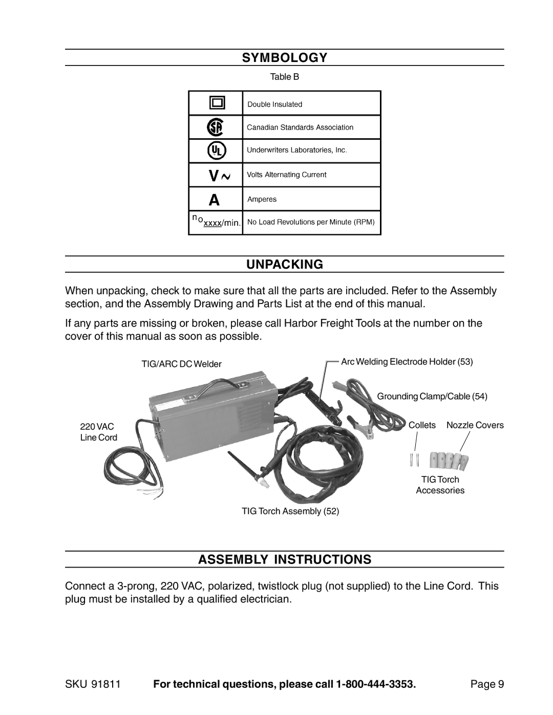 Chicago Electric Model 91811 operating instructions Symbology, Unpacking, Assembly Instructions 