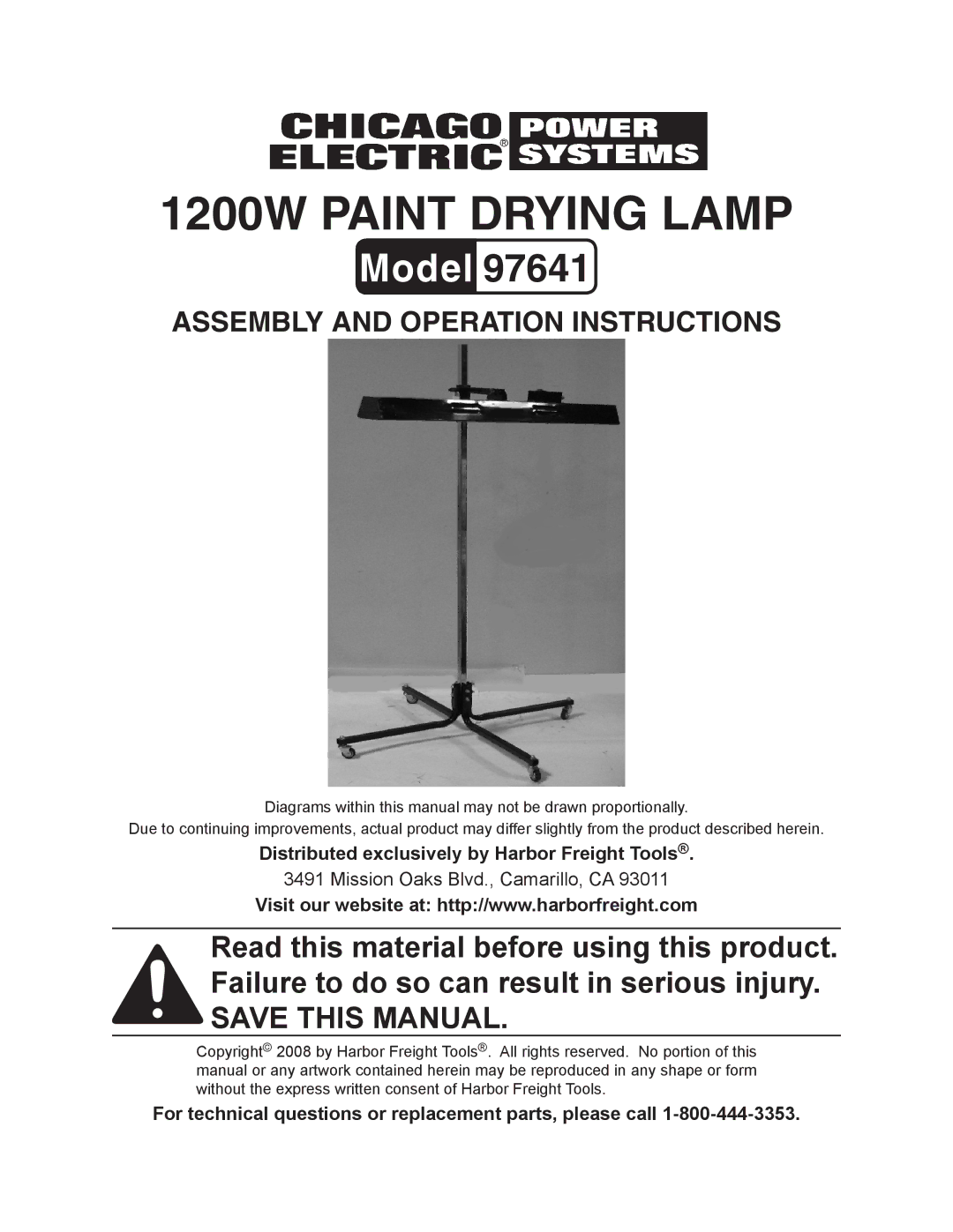 Chicago Electric Model 97641 manual 1200W Paint Drying Lamp 