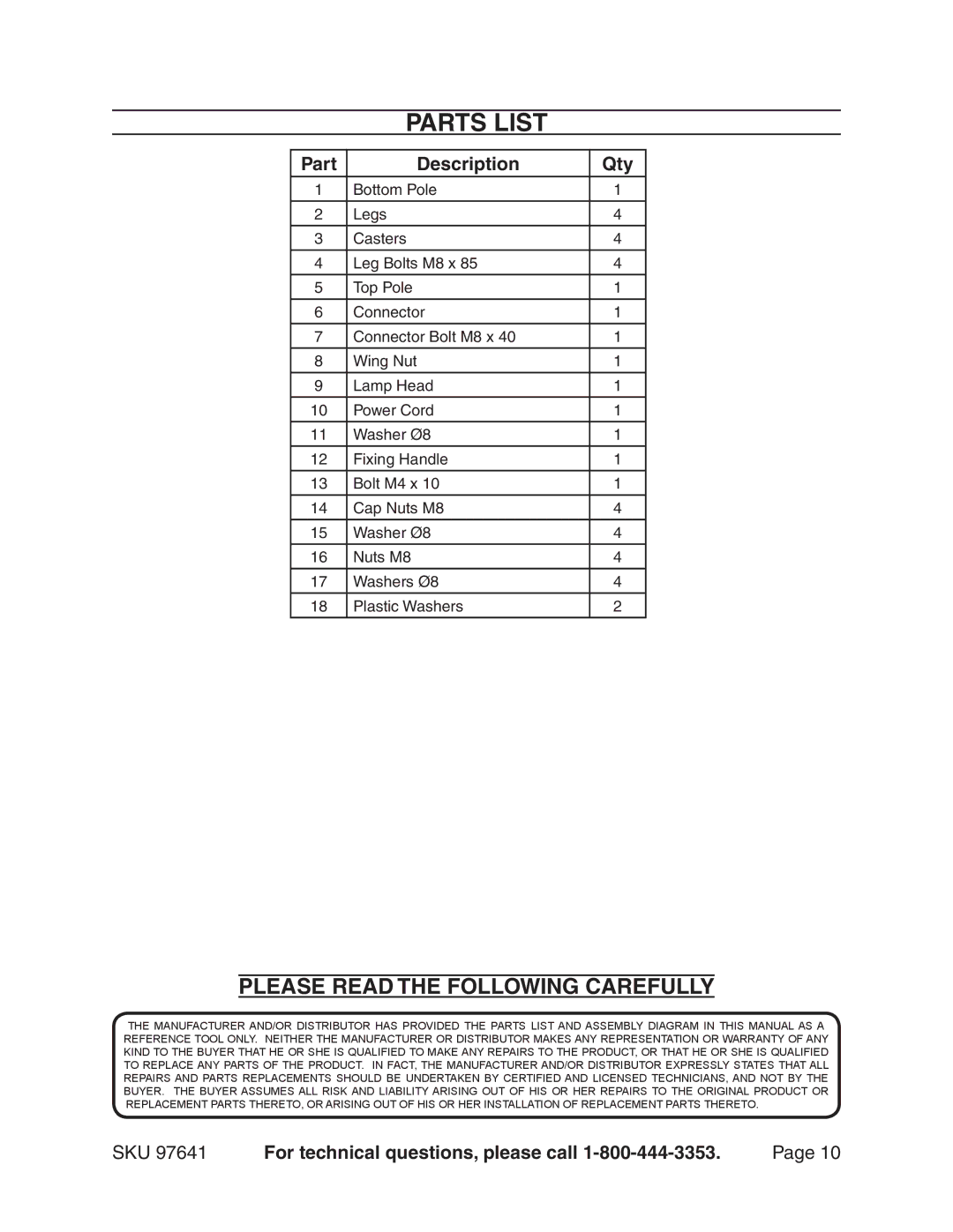 Chicago Electric Model 97641 manual Parts list, Part Description Qty 