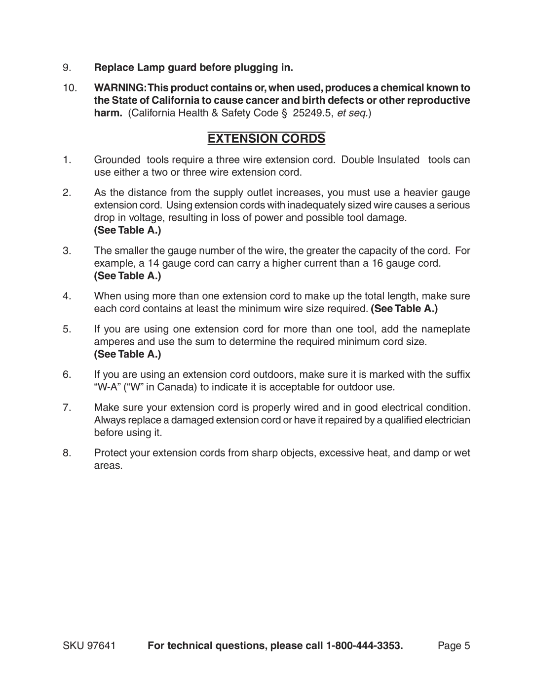 Chicago Electric Model 97641 manual Extension Cords, See Table a 