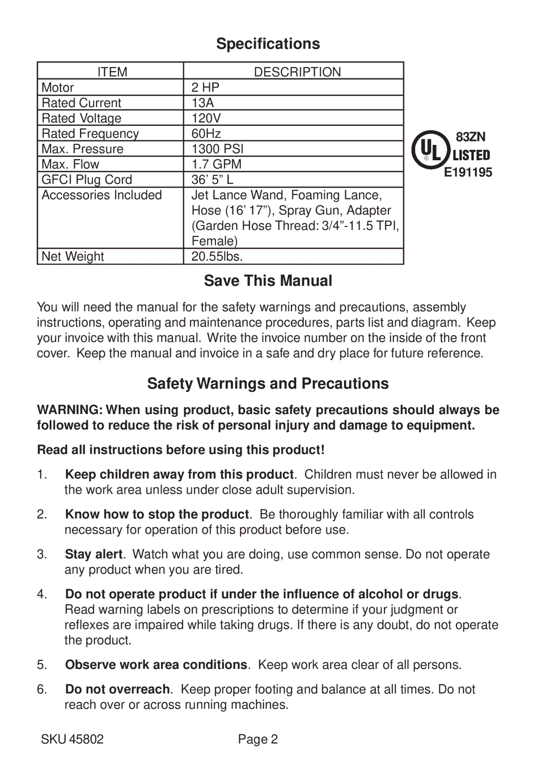 Chicago Electric SKU 45802 manual Specifications 