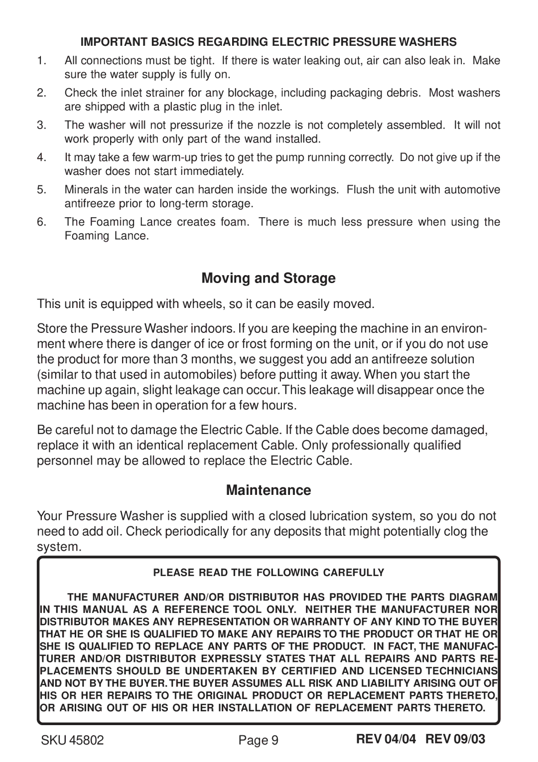 Chicago Electric SKU 45802 manual Moving and Storage, Maintenance 