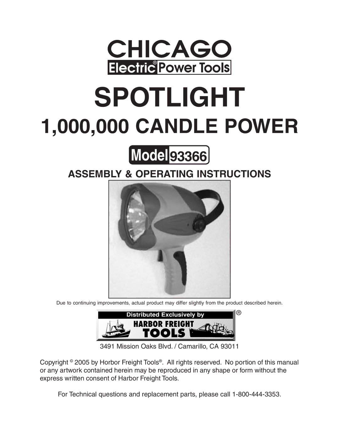 Chicago Electric Spotlight 1,000,000 Candle Power, 93366 operating instructions 