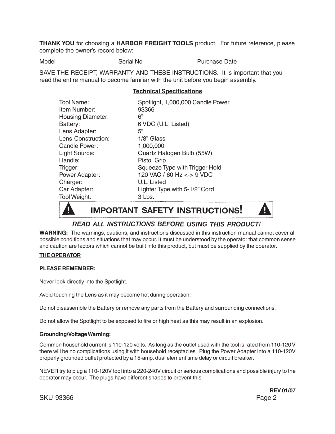 Chicago Electric 93366, Spotlight 1,000,000 Candle Power Operator Please Remember, Grounding/VoltageWarning, REV 01/07 