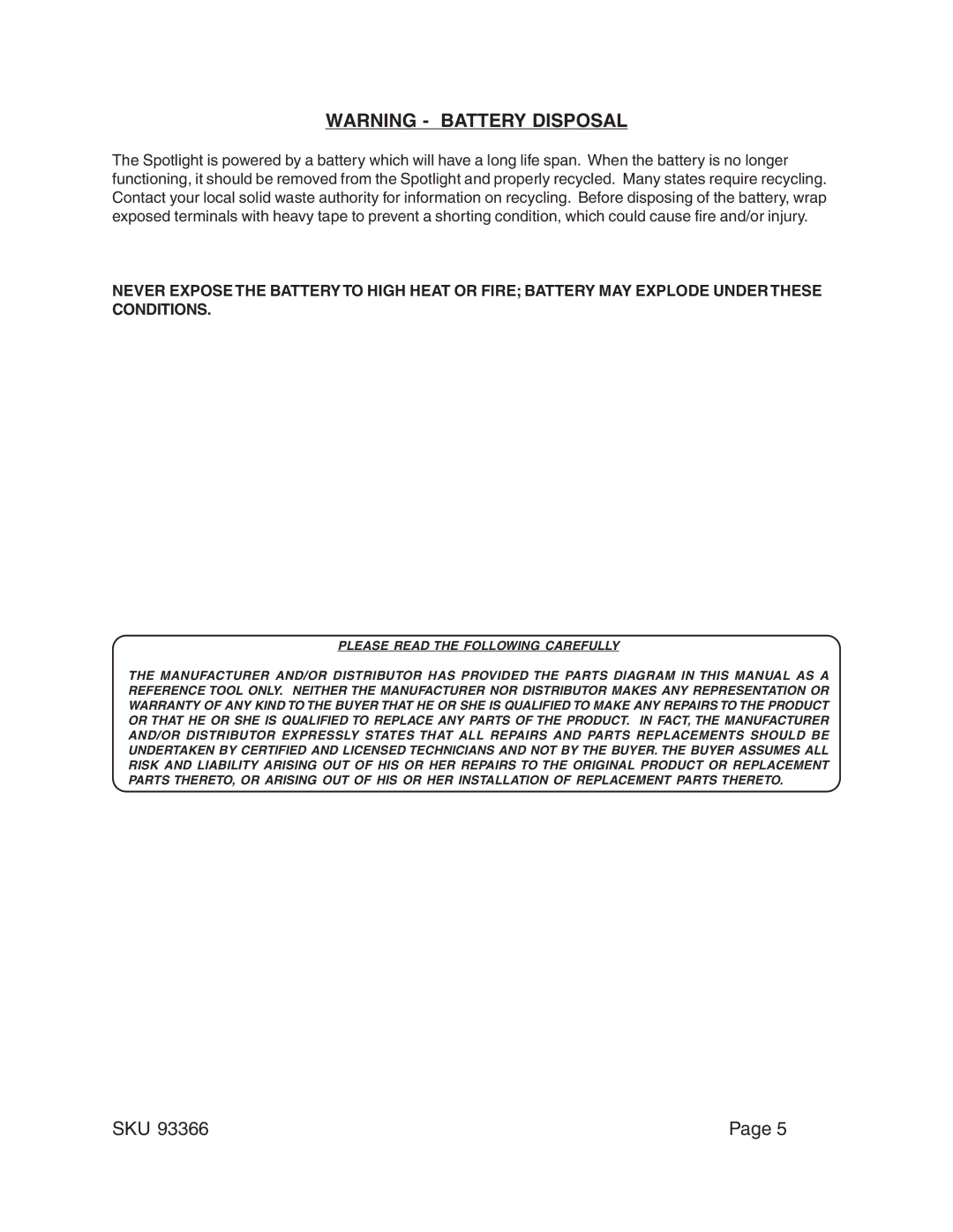 Chicago Electric Spotlight 1,000,000 Candle Power, 93366 operating instructions Please Read the Following Carefully 