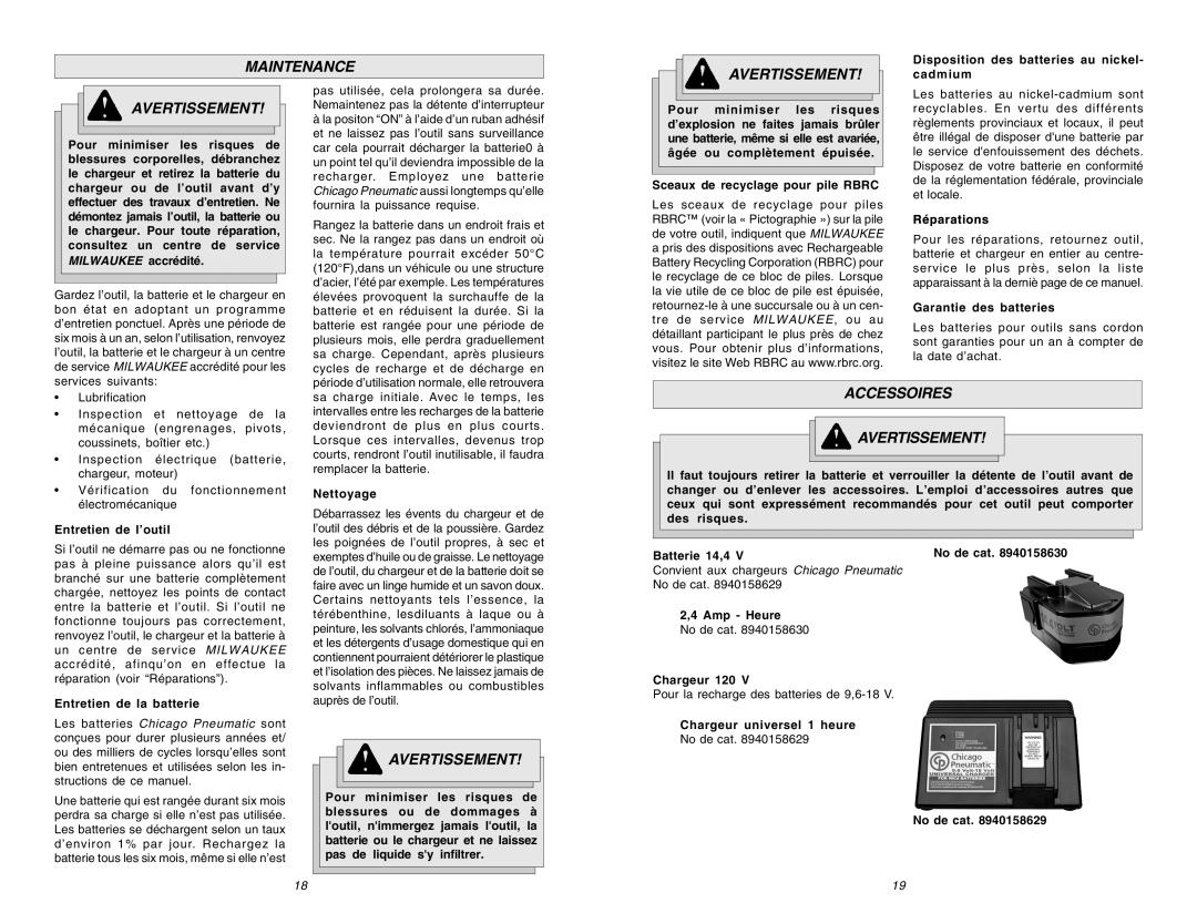 Chicago Pneumatic CP 8730 manual Maintenance Avertissement, Accessoires Avertissement 