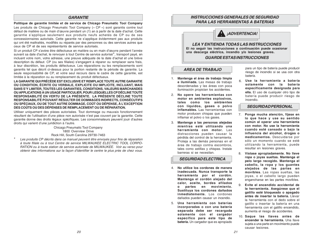 Chicago Pneumatic CP 8730 Garantie, Guarde Estas Instrucciones, Area DE Trabajo, Seguridad Electrica, Seguridad Personal 