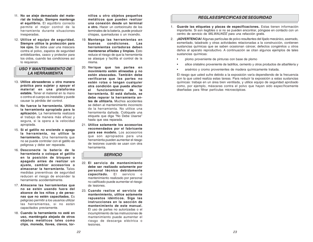 Chicago Pneumatic CP 8730 manual USO Y Mantenimiento DE LA Herramienta, Servicio, Reglas Especificas DE Seguridad 