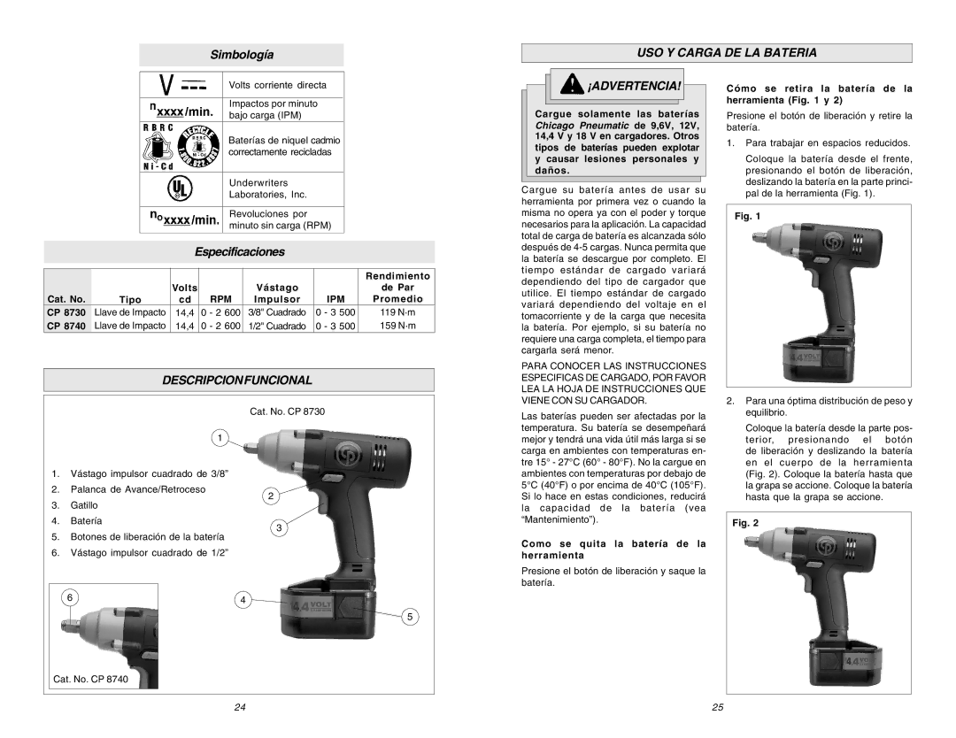 Chicago Pneumatic CP 8730 manual USO Y Carga DE LA Bateria, Descripcionfuncional 