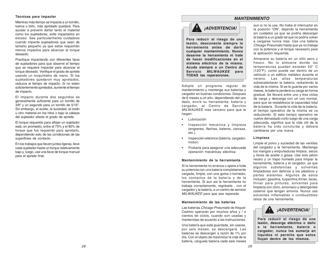 Chicago Pneumatic CP 8730 manual Técnicas para impactar, Mantenimiento de la herramienta, Mantenimiento de las baterías 