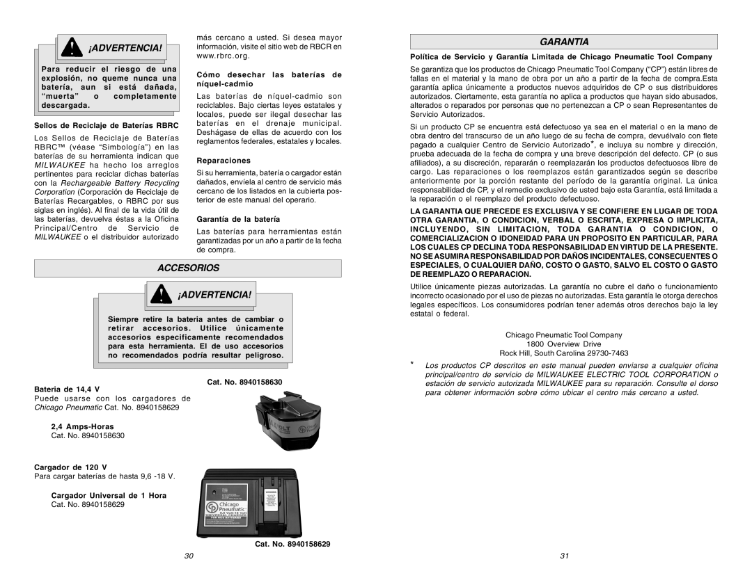 Chicago Pneumatic CP 8730 manual Garantia, Accesorios ¡ADVERTENCIA 