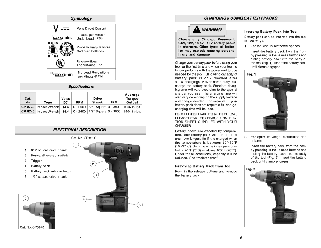 Chicago Pneumatic CP 8730 manual Charging & Using Battery Packs, Functionaldescription 