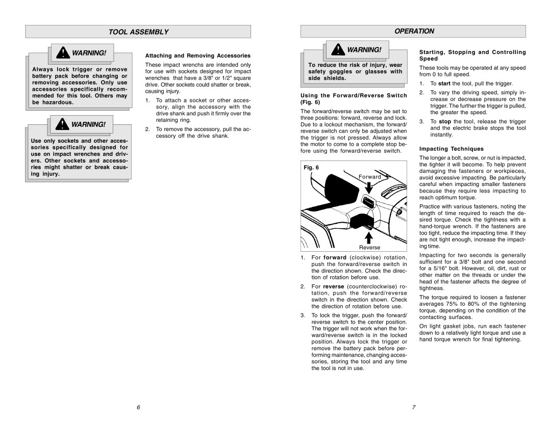 Chicago Pneumatic CP 8730 manual Tool Assembly Operation, Using the Forward/Reverse Switch Fig, Impacting Techniques 