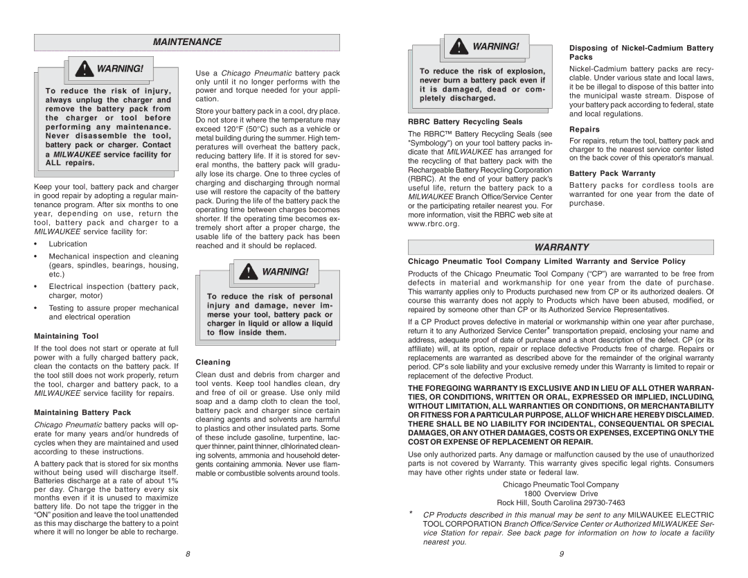 Chicago Pneumatic CP 8730 manual Maintenance, Warranty 