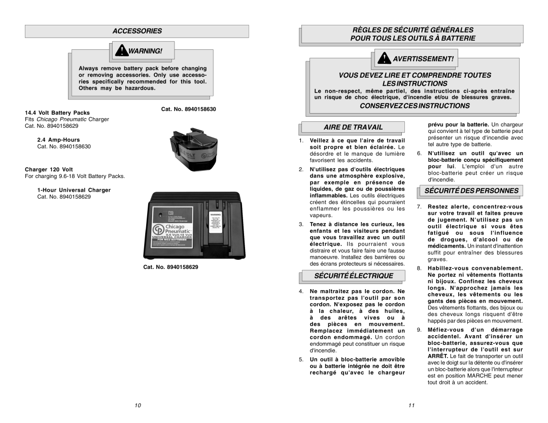 Chicago Pneumatic CP 8730 manual Accessories, Conservez CES Instructions, Aire DE Travail, Sécurité Électrique 