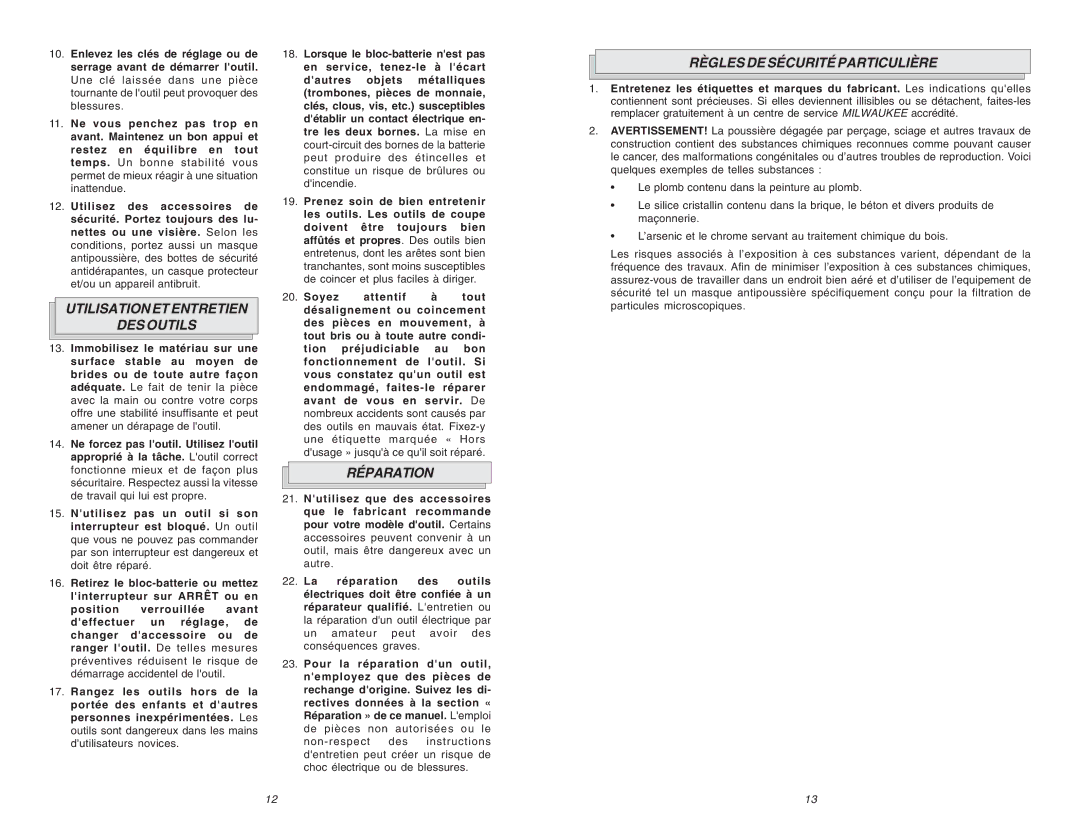 Chicago Pneumatic CP 8730 manual Utilisation ET Entretien DES Outils, Réparation, Règles DE Sécurité Particulière 