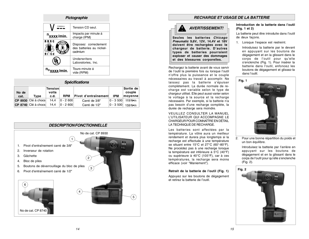 Chicago Pneumatic CP 8730 manual Recharge ET Usage DE LA Batterie, Descriptionfonctionnelle 