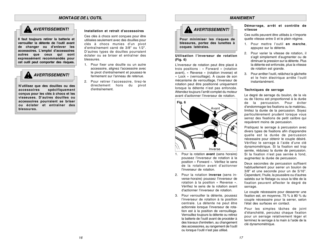 Chicago Pneumatic CP 8730 manual Montage DE Loutil Maniement Avertissement, Démarrage, arrêt et contrôle de vitesse 