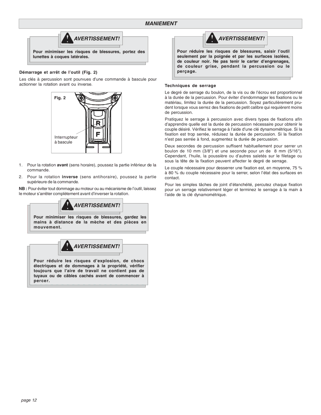 Chicago Pneumatic CP8750 manual Maniement Avertissement 