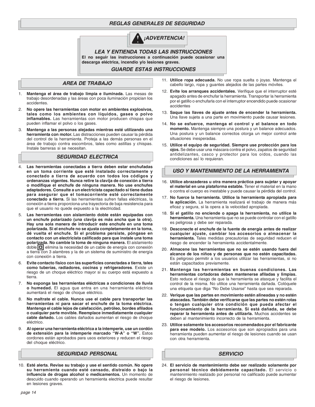 Chicago Pneumatic CP8750 Guarde Estas Instrucciones Area DE Trabajo, Seguridad Electrica, Seguridad Personal Servicio 