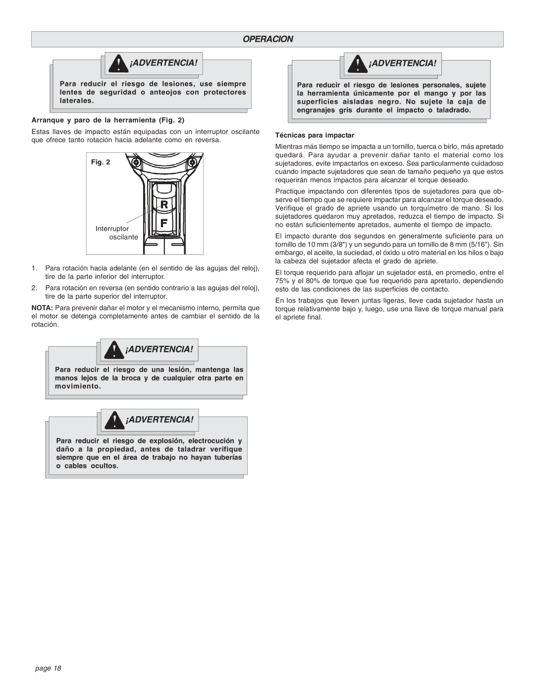 Chicago Pneumatic CP8750 manual Operacion ¡ADVERTENCIA, Técnicas para impactar 