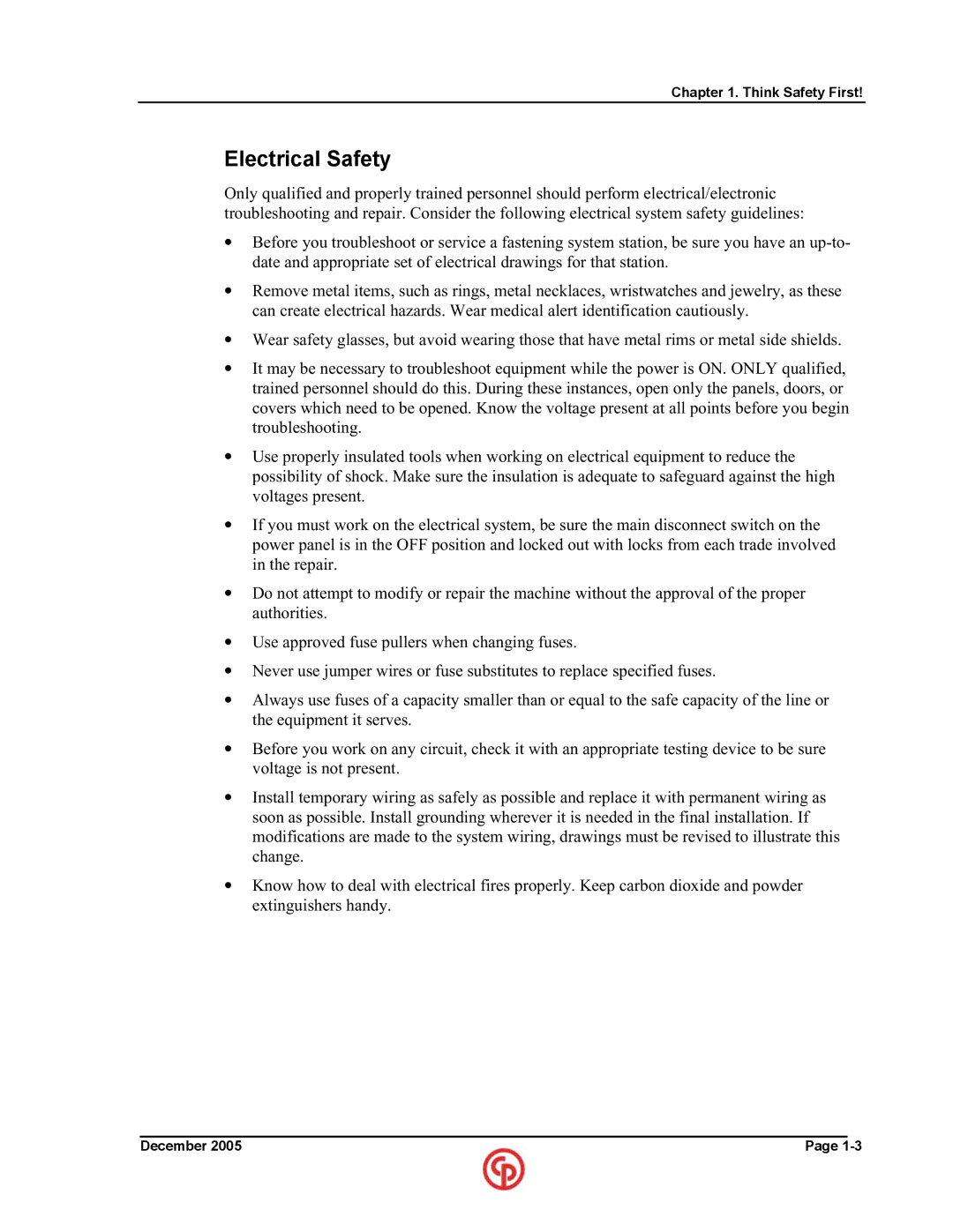 Chicago Pneumatic CS7000 manual Electrical Safety 