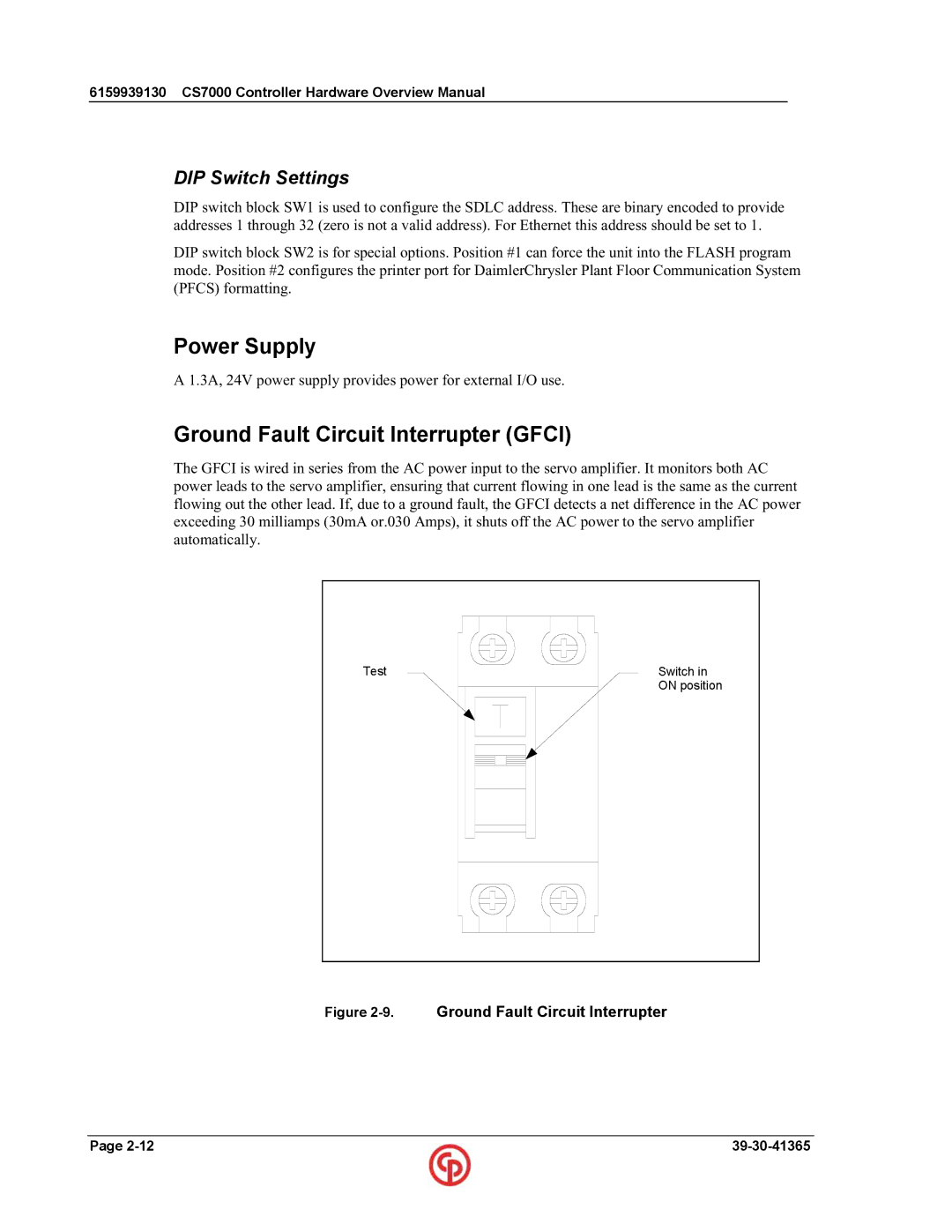 Chicago Pneumatic CS7000 manual Power Supply, Ground Fault Circuit Interrupter Gfci, DIP Switch Settings 