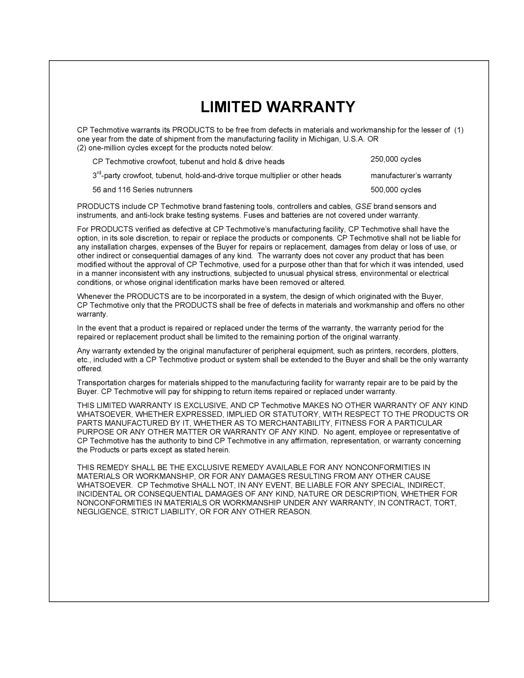 Chicago Pneumatic CS7000 manual Limited Warranty 