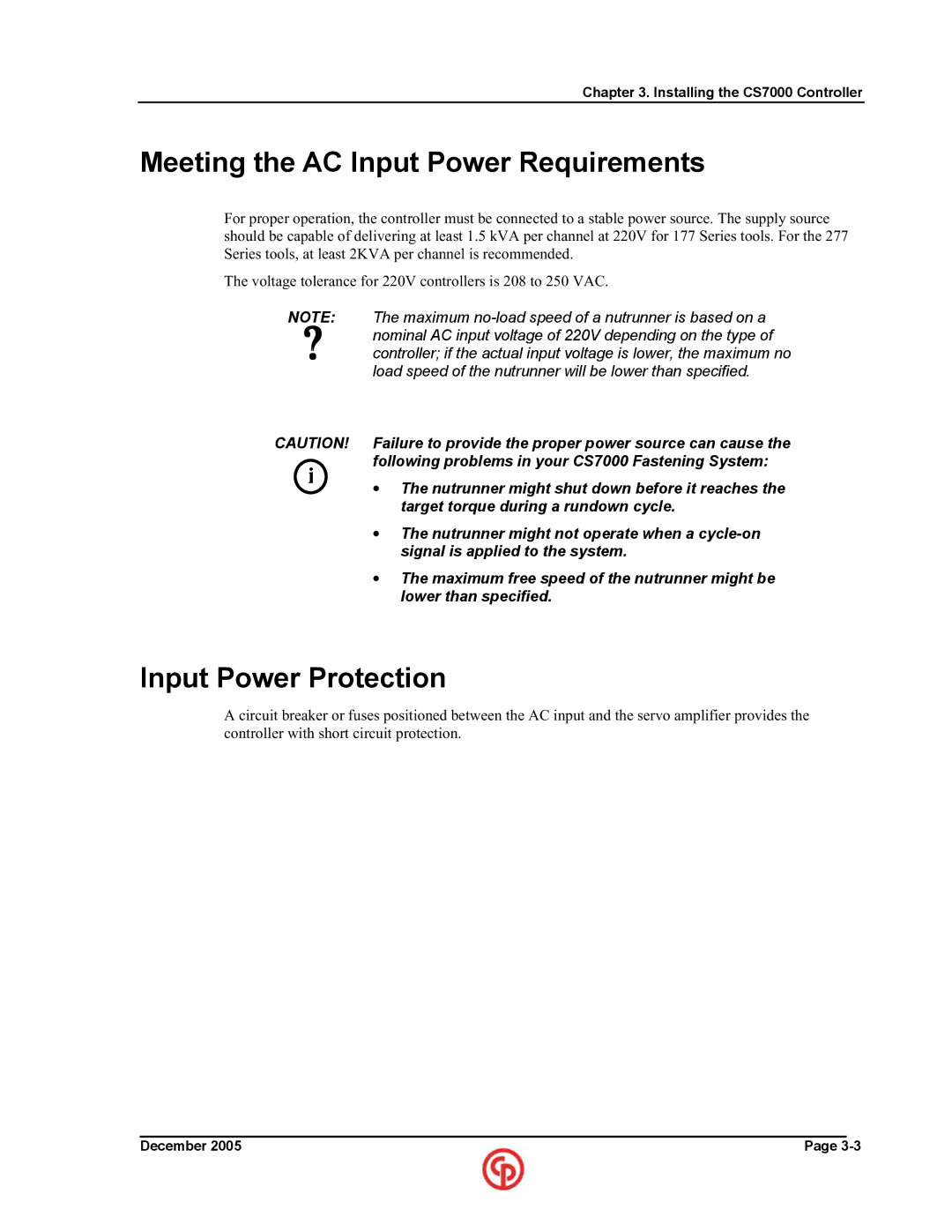 Chicago Pneumatic CS7000 manual Meeting the AC Input Power Requirements, Input Power Protection 