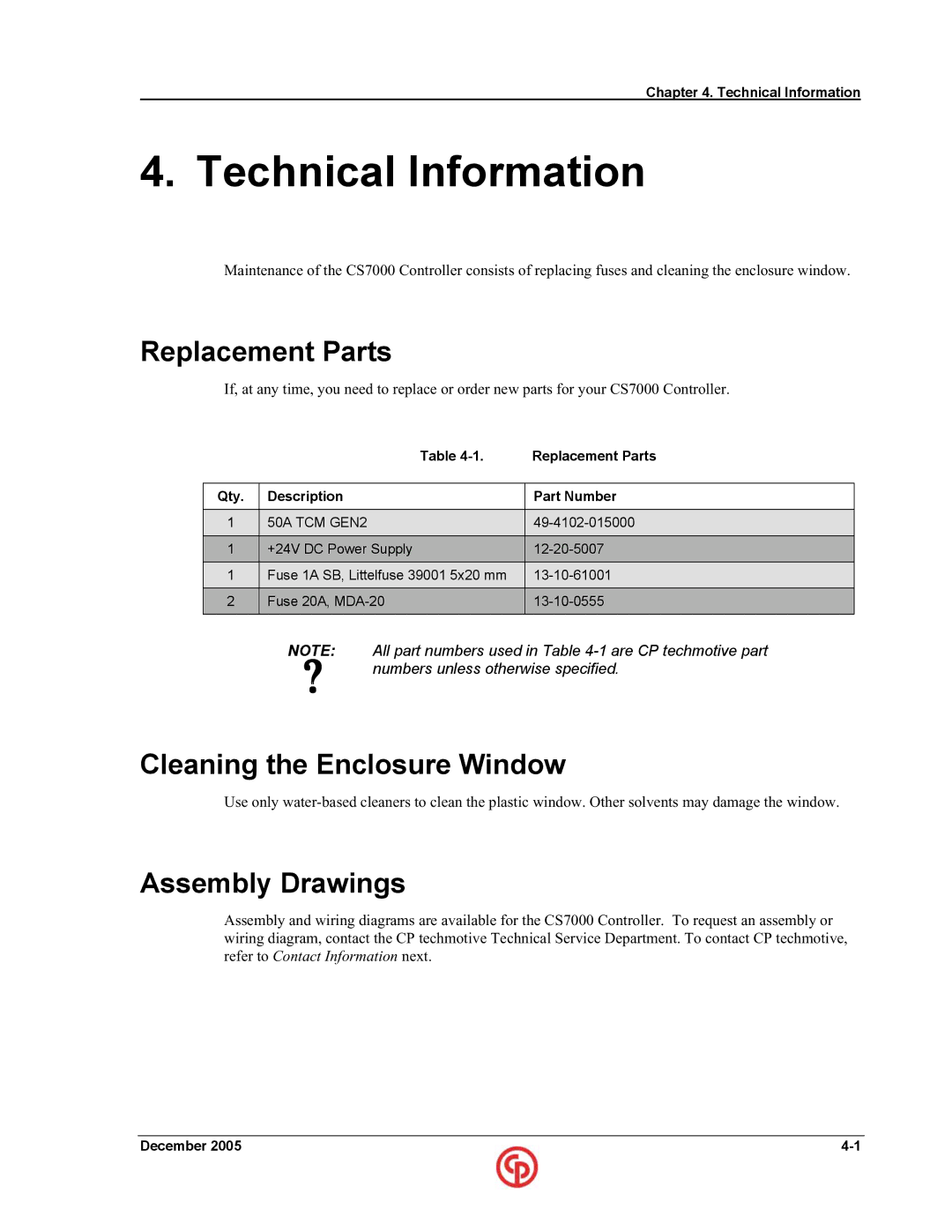 Chicago Pneumatic CS7000 manual Technical Information, Replacement Parts, Cleaning the Enclosure Window, Assembly Drawings 