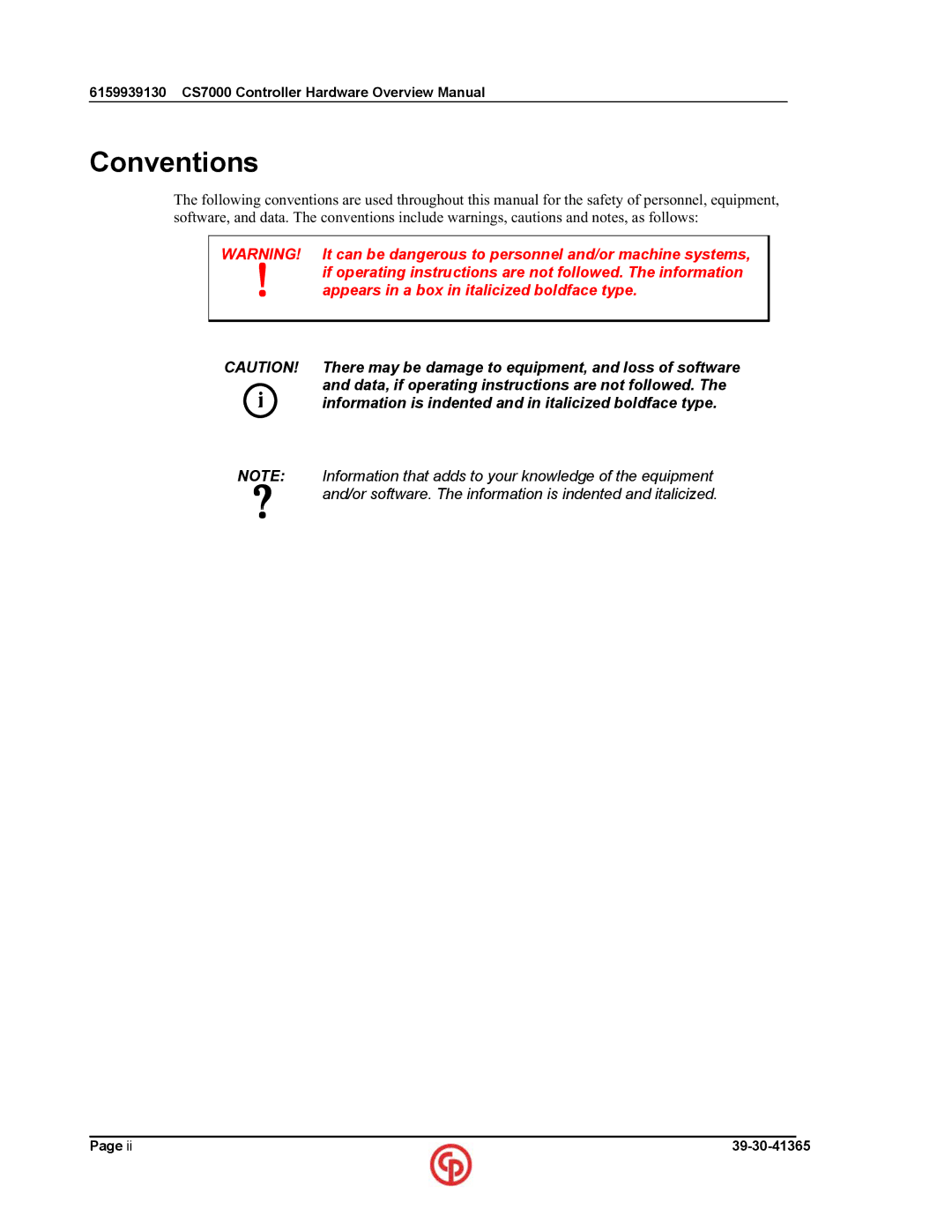 Chicago Pneumatic CS7000 manual Conventions, Appears in a box in italicized boldface type 