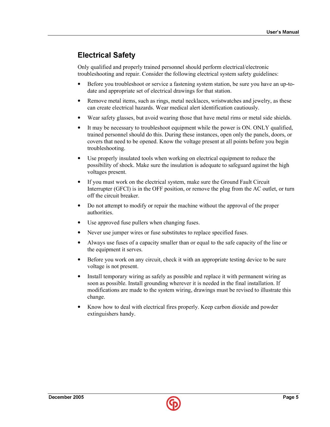 Chicago Pneumatic SD25 user manual Electrical Safety 