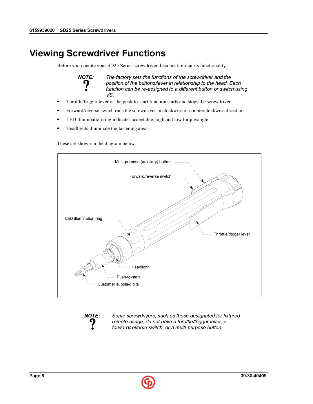 Chicago Pneumatic SD25 user manual Viewing Screwdriver Functions 