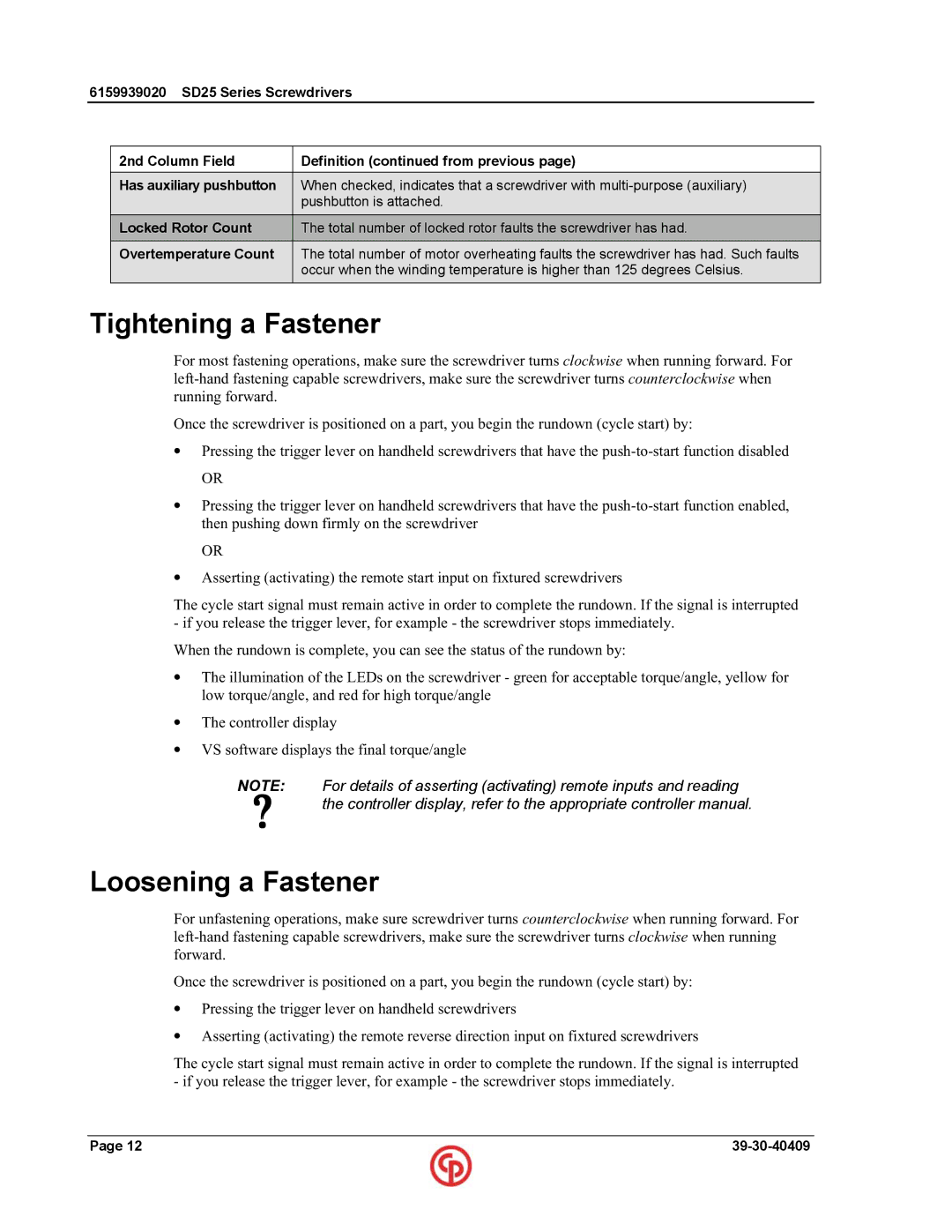 Chicago Pneumatic SD25 user manual Tightening a Fastener, Loosening a Fastener 