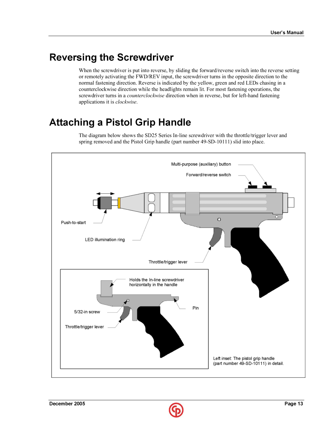 Chicago Pneumatic SD25 user manual Reversing the Screwdriver, Attaching a Pistol Grip Handle 