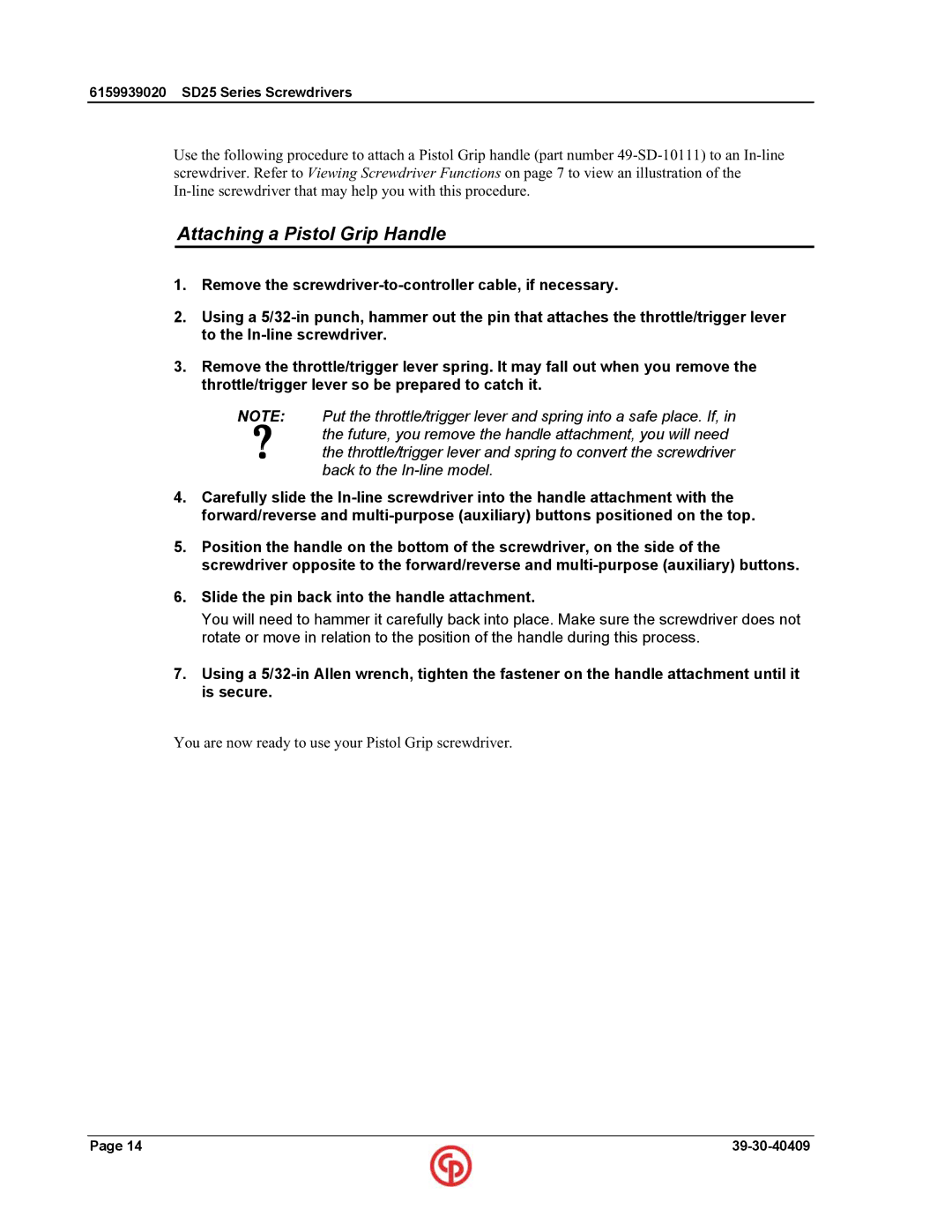 Chicago Pneumatic SD25 user manual Attaching a Pistol Grip Handle 